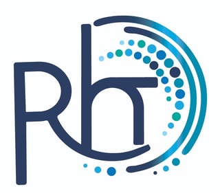 Rh logo featuring stylized R and h letters in navy blue with turquoise circular dotted design element