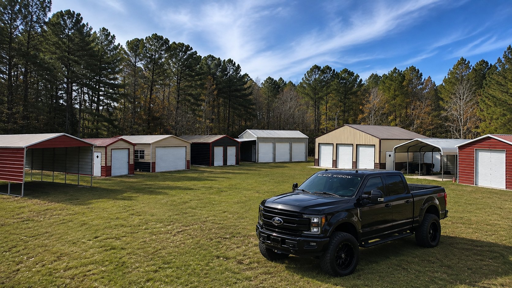 Black pickup truck parked on a grass lot with multiple storage buildings and a tree line in the background