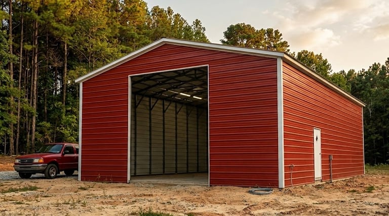 Red metal barn with open garage door and vintage pickup truck parked outside, surrounded by trees