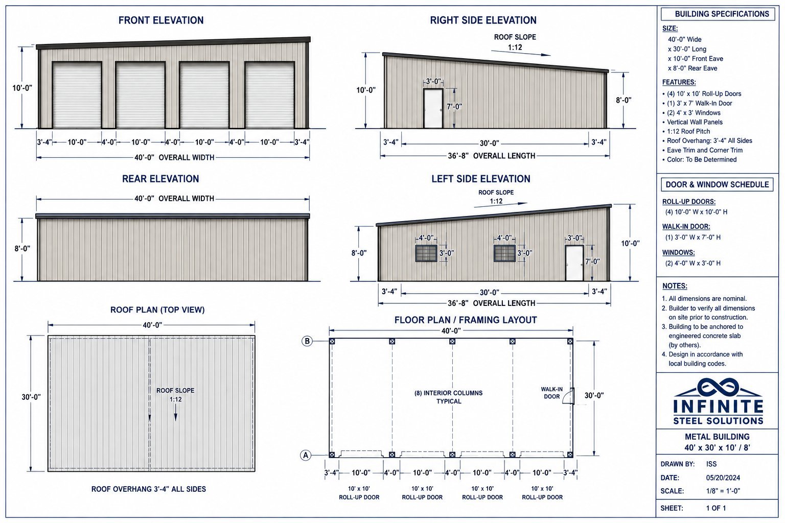 Architectural blueprint showing front, side, roof elevations and floor plan with dimensions for a metal building structure