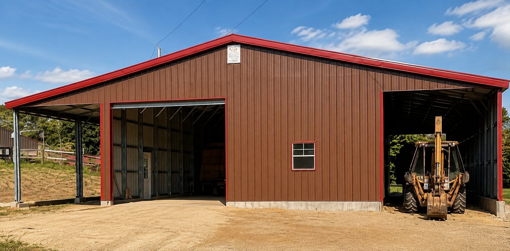 Red metal barn with open garage doors, dirt yard, and farm equipment visible inside on a sunny day