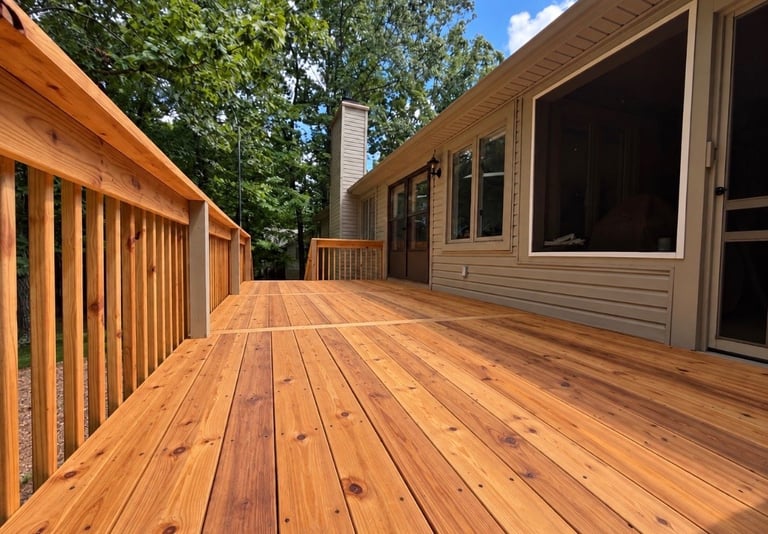 Spacious wooden deck attached to a house with railings, surrounded by green trees and blue sky