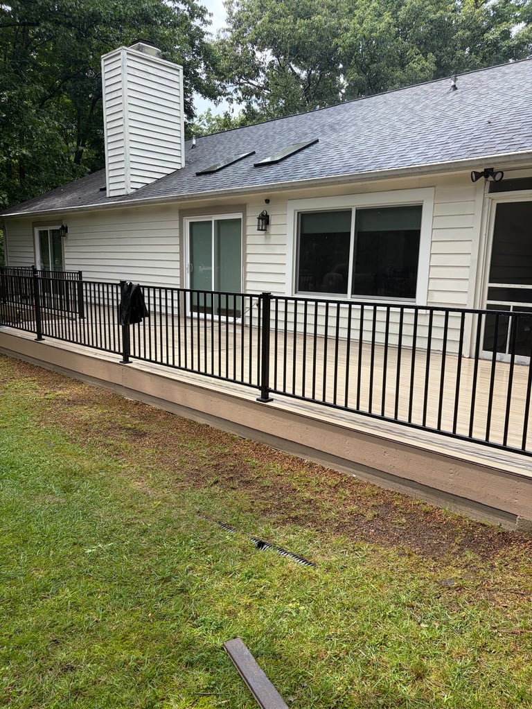 Single-story home with white siding and prominent black metal railings