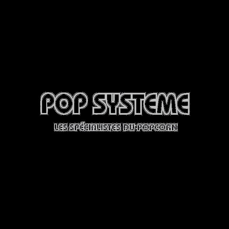Pop Systems logo with tagline Les Specialistes Du Popcorn on black background