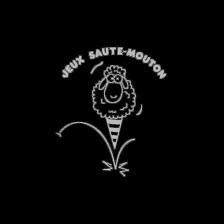 White line drawing of a whimsical sheep-topped flower with curved stem on black background and French text Jeux Saute-Mouton