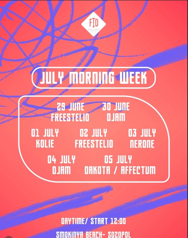 July Morning Week event poster with neon blue lines on coral background listing performers and dates from June 28 to July 5 at Smokinya Beach