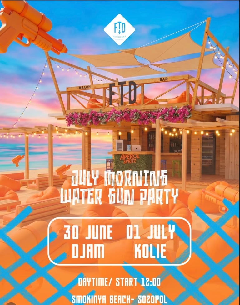 Promotional flyer for July Morning Water Gun Party at Smokinya Beach, June 30-July 1, featuring beachfront venue with sunset backdrop and colorful decor