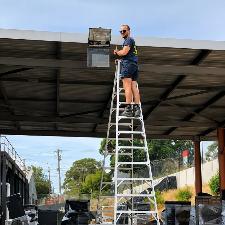 Electrician Tom from TCL Electrical Contractors installing a light fixture on a ladder under a metal roof structure in South East Melbourne