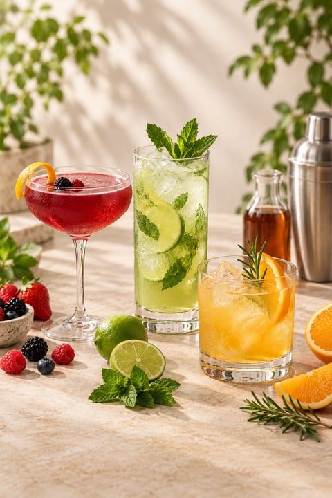 Three colorful cocktails with fresh fruits and herbs on a marble surface with bartending tools and ingredients