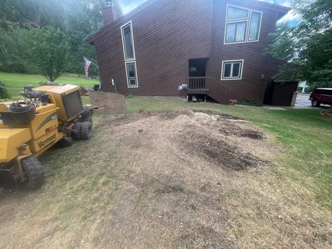 Yellow Vermeer skid steer loader parked on a dirt lawn in front of a brown wooden house after a stump grinding job