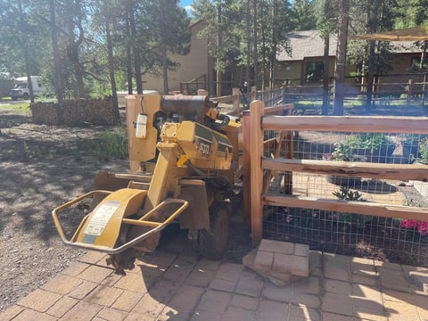 Yellow Vermeer SC372 stump grinder parked on a brick patio near a residential property with pool and trees