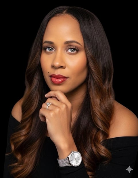 Professional portrait of a woman with long dark hair and burgundy lipstick, wearing a black off-shoulder top and silver watch against a black background
