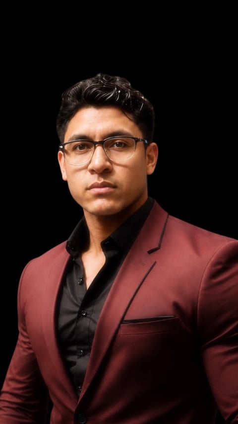 Professional headshot of a man wearing glasses and a burgundy blazer over a black shirt against a black background
