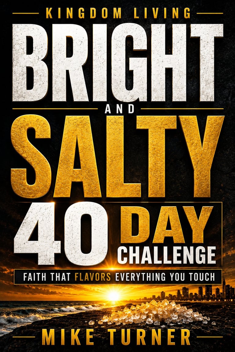 Kingdom Living: Bright and Salty 40 Day Challenge book cover by Mike Turner — sunset coastal scene with gold and white BRIGHT AND SALTY 40 DAY CHALLENGE typography