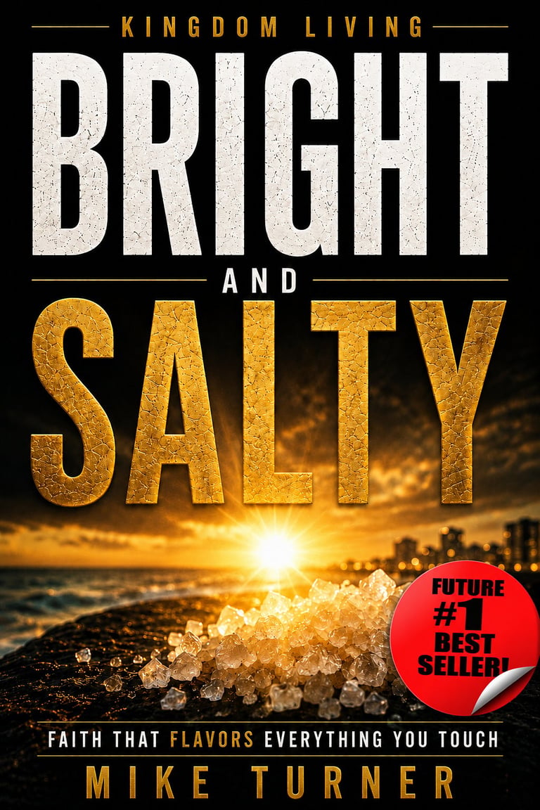 Bright and Salty by Mike Turner — Kingdom Living book cover with gold BRIGHT and SALTY typography, sunset beach scene, salt crystals