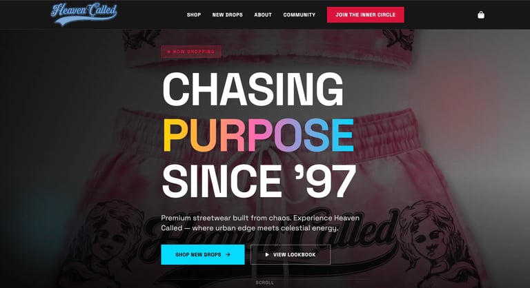 Heaven Stitched streetwear brand homepage with text Chasing Purpose Since 97 and call-to-action buttons