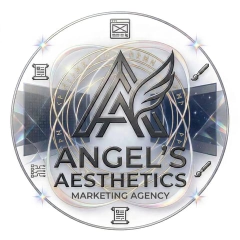Angels Aesthetics Marketing Agency logo featuring winged letter A design with holographic circular border and small service icons