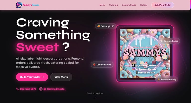 Sammys Sweets dessert shop website homepage with colorful candy image and call-to-action buttons for ordering