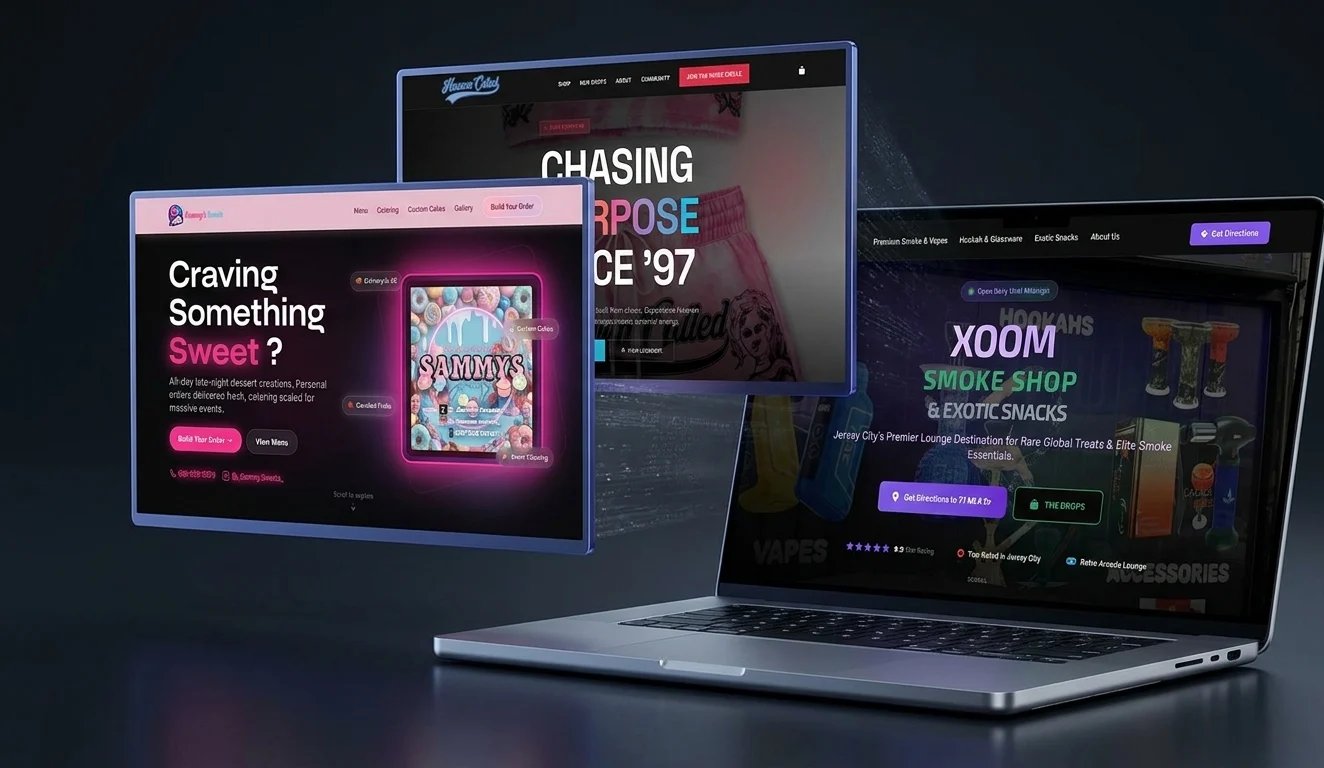 Multiple website designs displayed on screens and laptop, featuring neon purple and pink accents with music and album artwork themes