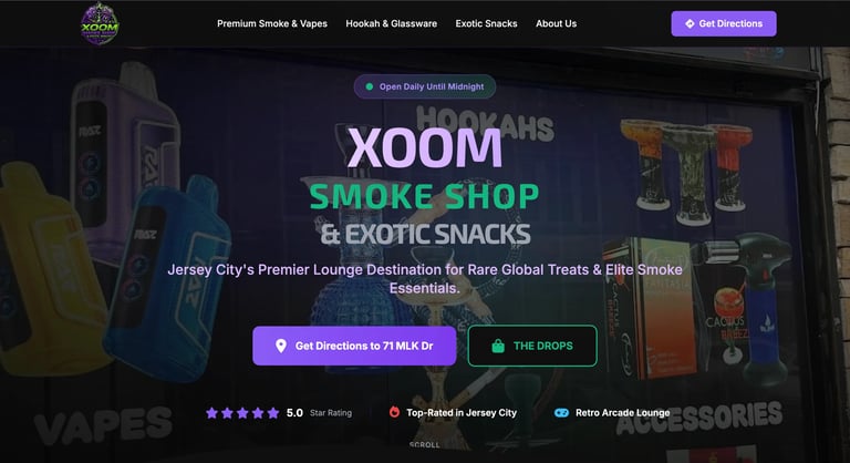 XOOM Smoke Shop website homepage featuring vape products, smoke accessories, and exotic snacks with navigation menu and promotional buttons