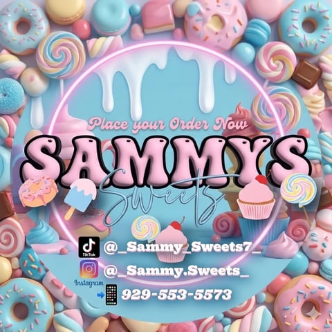 Colorful promotional graphic for Sammys Sweets candy shop with pastel donuts, lollipops, and cupcakes, featuring social media handles and phone number