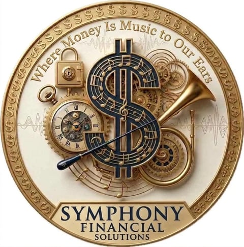 Gold coin logo for Symphony Financial Solutions featuring a dollar sign with gears, trumpet, clock, and musical notes. Text reads Where Money Is Music to Our Ears.