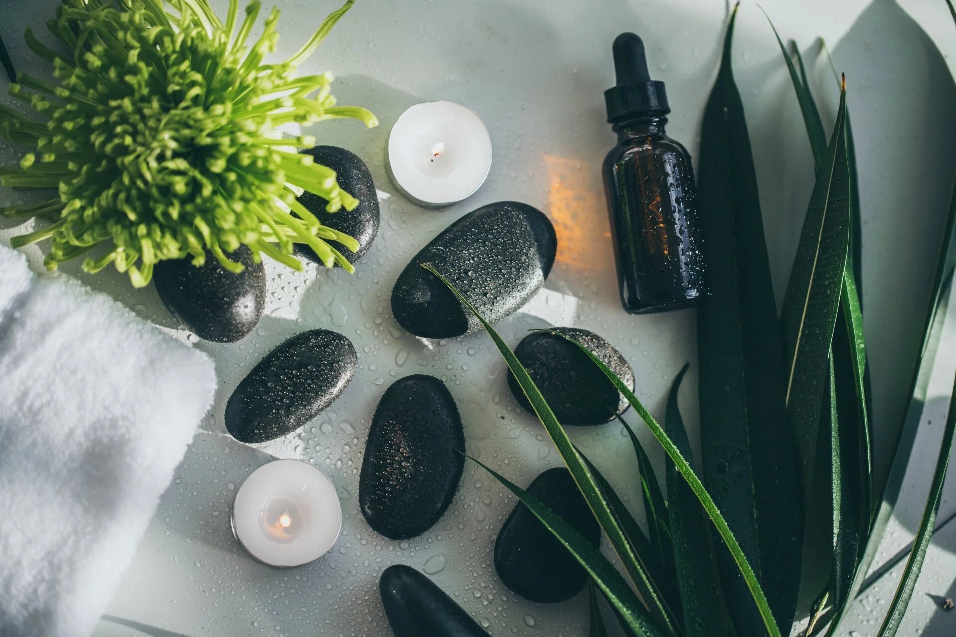 Flat lay of spa and wellness items including green plants, dark stones, white candles, essential oil bottle, and white towel on gray surface.