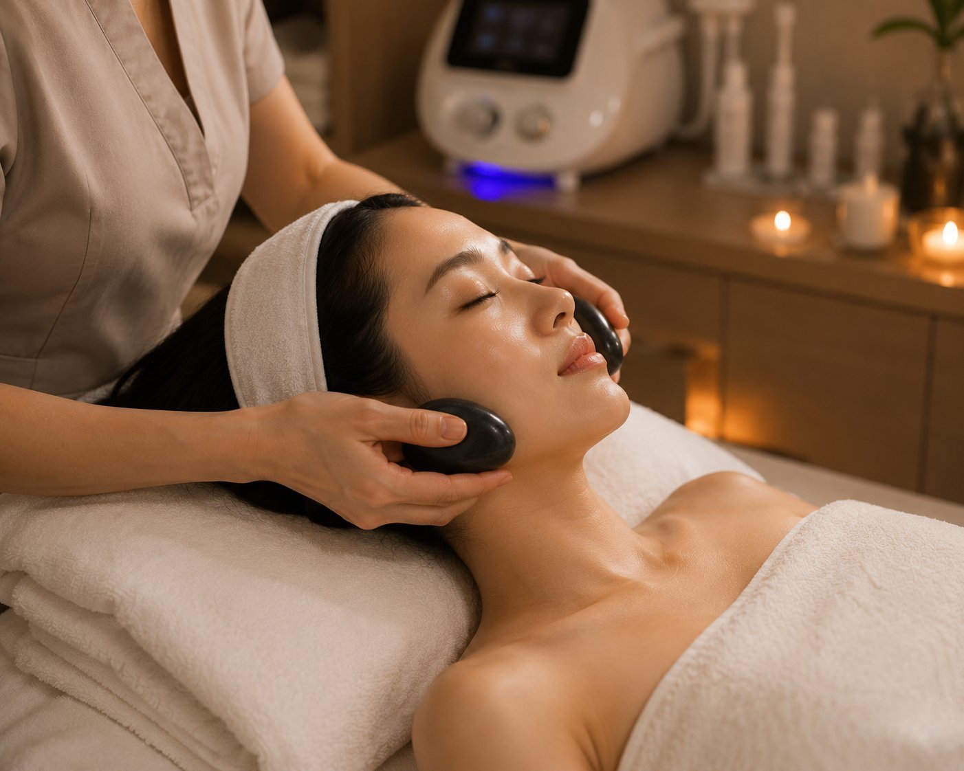 Woman receiving facial treatment with gua sha tool in spa setting with warm lighting and skincare equipment in background