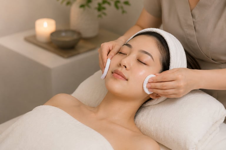Esthetician applying facial treatment with cotton pads to relaxed client wearing white headband in spa setting