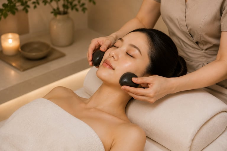 Woman receiving facial massage with black stone tools in a spa setting with candles and plants