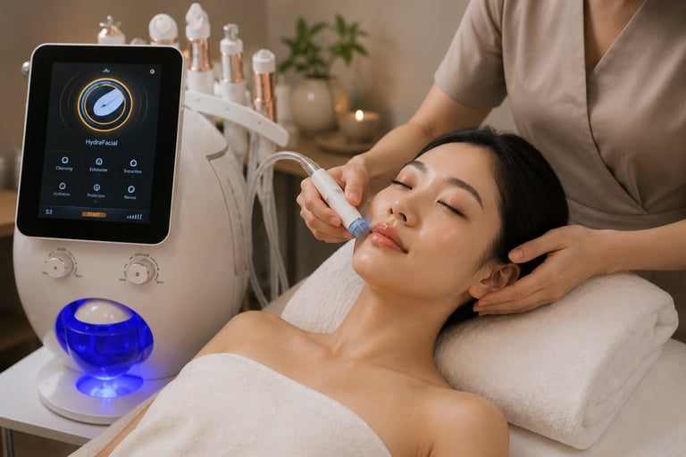 Esthetician applying skincare product to clients face during facial treatment with high-tech beauty device on table