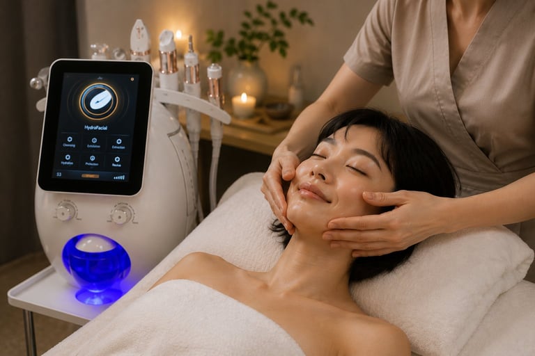 Spa therapist performing facial treatment on client with high-tech skin care device displaying blue light technology