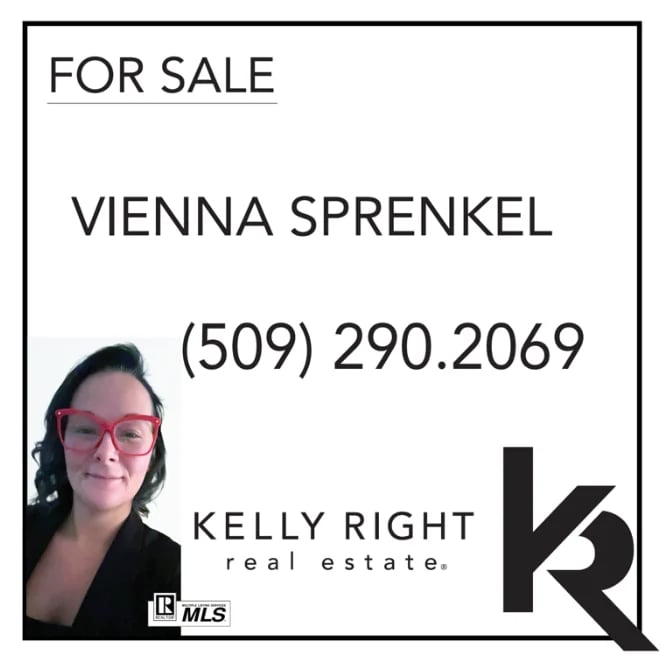 Real estate agent Vienna Sprenkel listing card with contact number and Kelly Right real estate logo