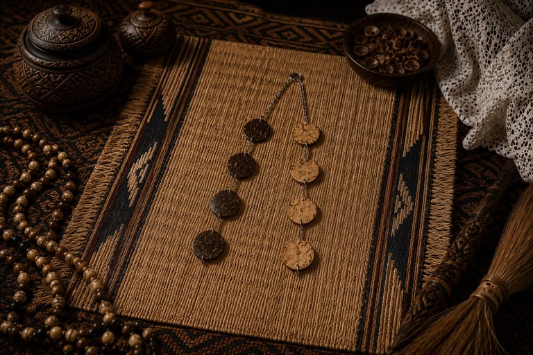 Tablero Opon Ifá con monedas de adivinación, cuentas ceremoniales, plumas rituales y cuenco sagrado sobre tela