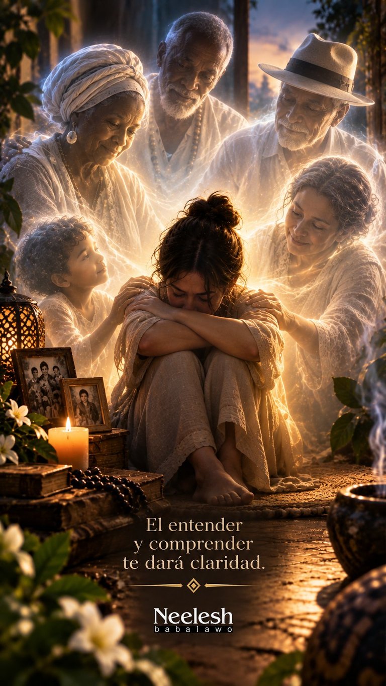 Mujer sentada en oración rodeada de figuras luminosas y espirituales, con velas y fotografías de seres queridos — guía espiritual y consciencia ancestral