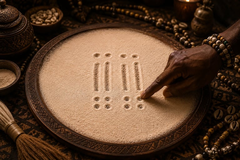 Mano trazando marcas rituales en bandeja ceremonial de adivinación con cuentas y artefactos sagrados
