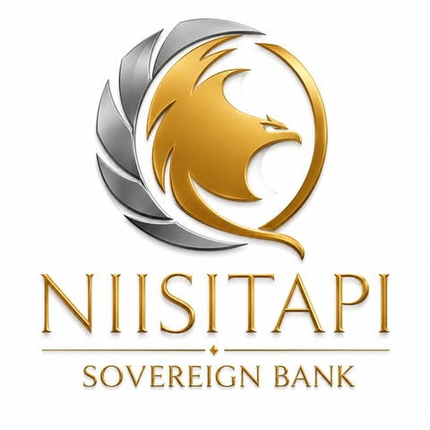 Niisitapi Sovereign Bank logo featuring a golden lion head with gray feather, text below in gold