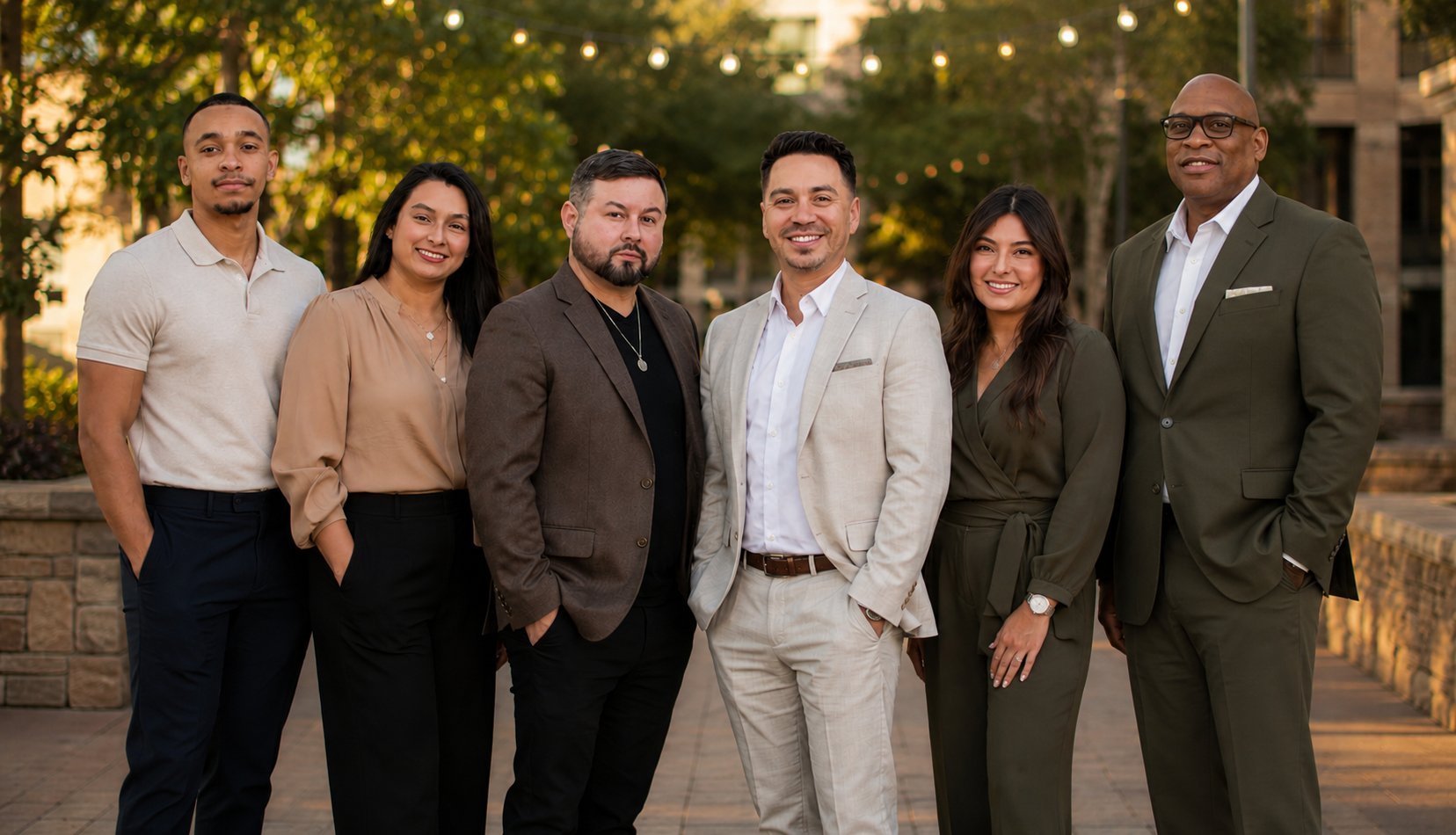 Six diverse professionals in business attire standing together outdoors at dusk with string lights in background