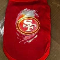 Red pet shirt printed with a football team logo