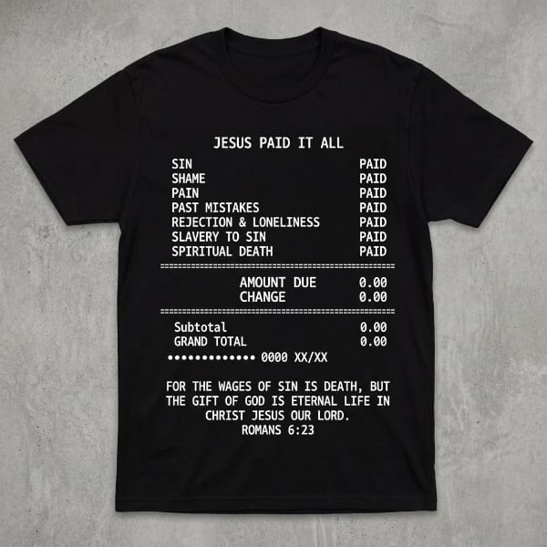 Black t-shirt with white printed receipt-style graphic design