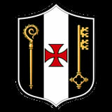 Heraldic shield with white center band featuring red cross, black side panels with gold ornamental staffs and symbols