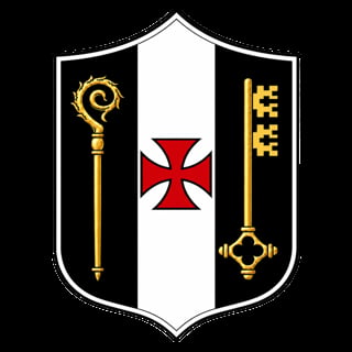 Heraldic shield with white center band featuring red cross, black side panels with gold ornamental staffs and symbols