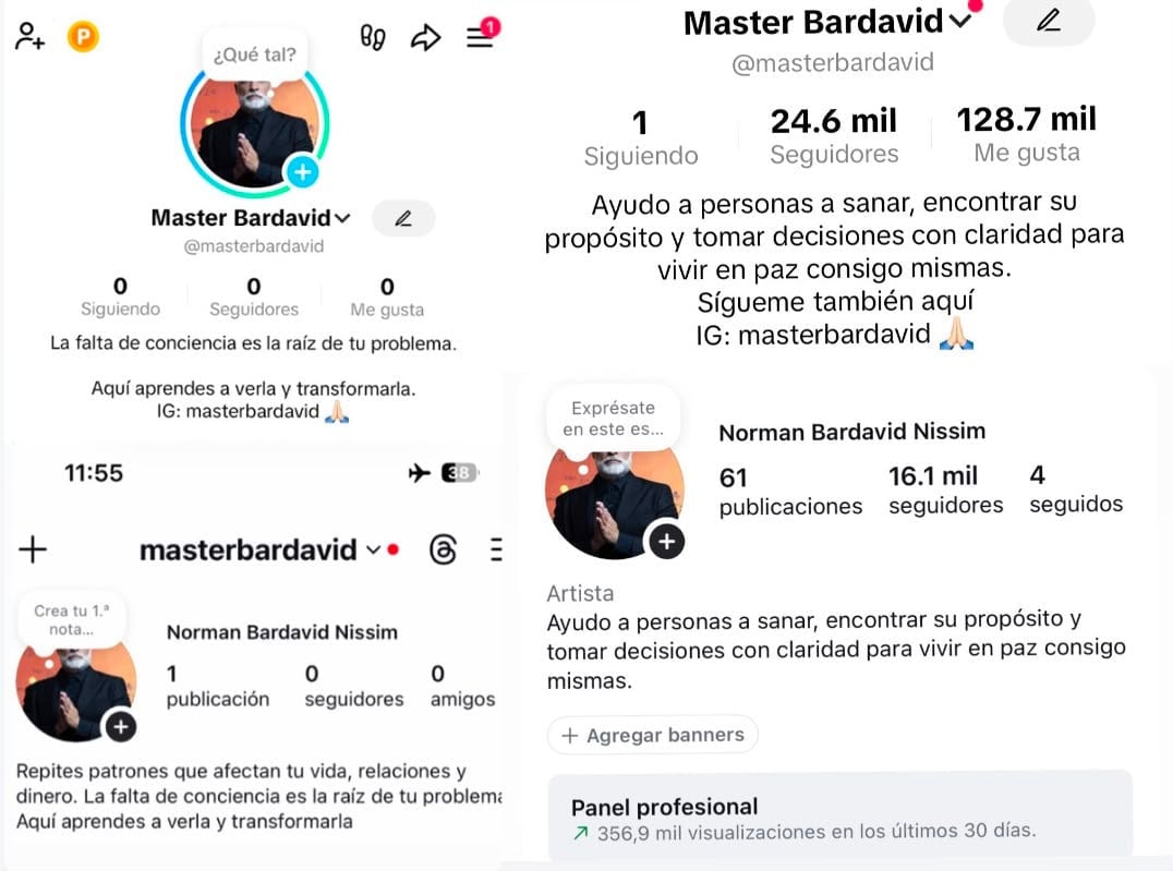 @masterbardavid — análisis completo de TikTok: antes con 0 seguidores y después con 24.6 mil seguidores, 128.7 mil me gusta y 356.9 mil visualizaciones en 30 días