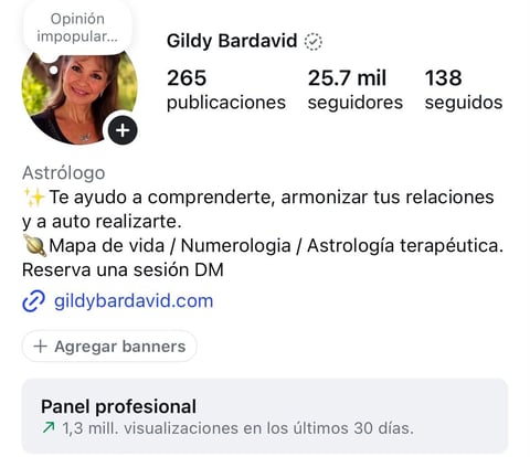 Perfil de Instagram de Gildy Bardavid después — 265 publicaciones, 25.7K seguidores, 138 seguidos y 1.3 millones de visualizaciones en 30 días