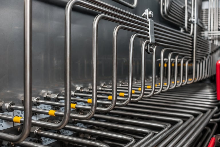 Sistema de tubing industrial con tubos curvos metálicos y válvulas de seguridad amarillas