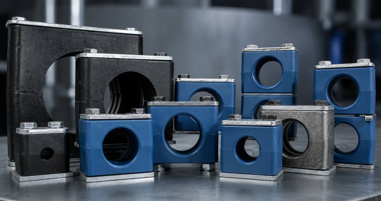 Abrazaderas y filtros de succión hidráulica en colores negro, azul y gris