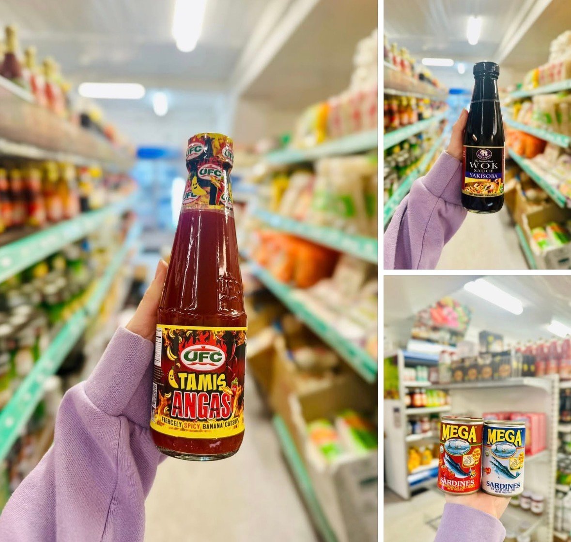 Hand holding Asian sauce bottles at Asiatisk og Europeisk mat I Flekkefjord supermarket