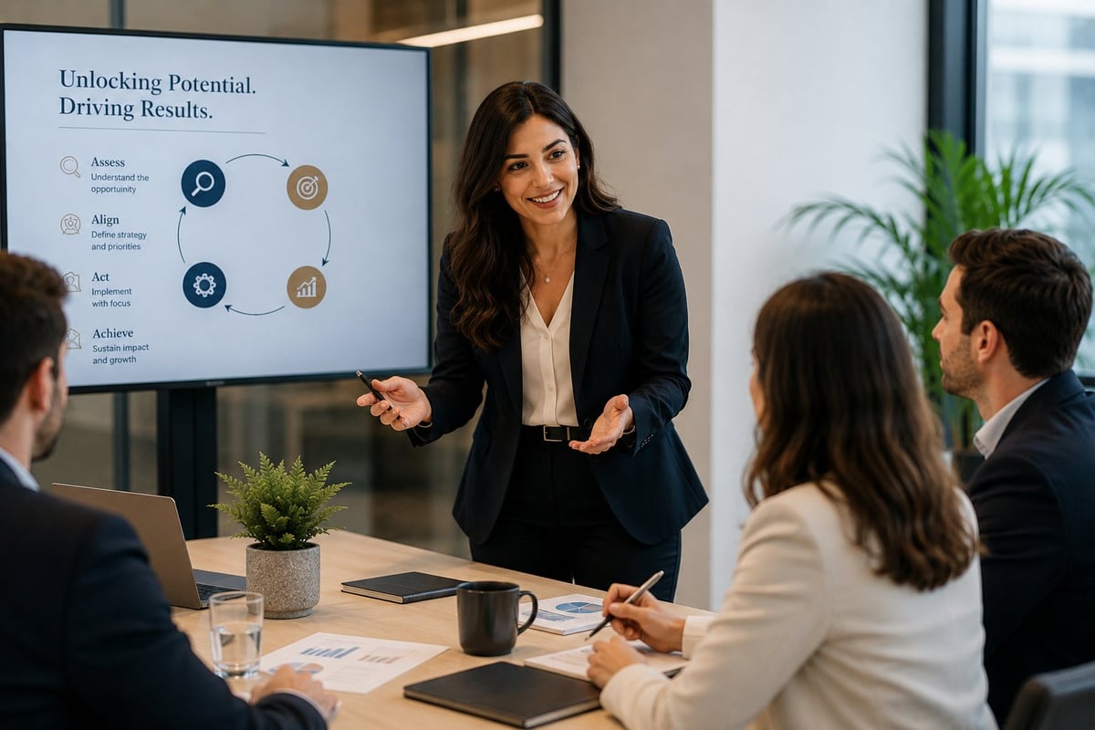 Professional woman presenting business strategy to team members around wooden table with digital screen showing Unlocking Potential diagram