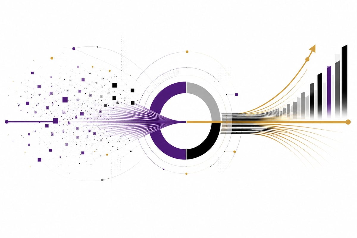 Data visualization showing a central circular chart with purple and gray sections, connected to scattered data points on the left and a bar chart with upward trend arrow on the right