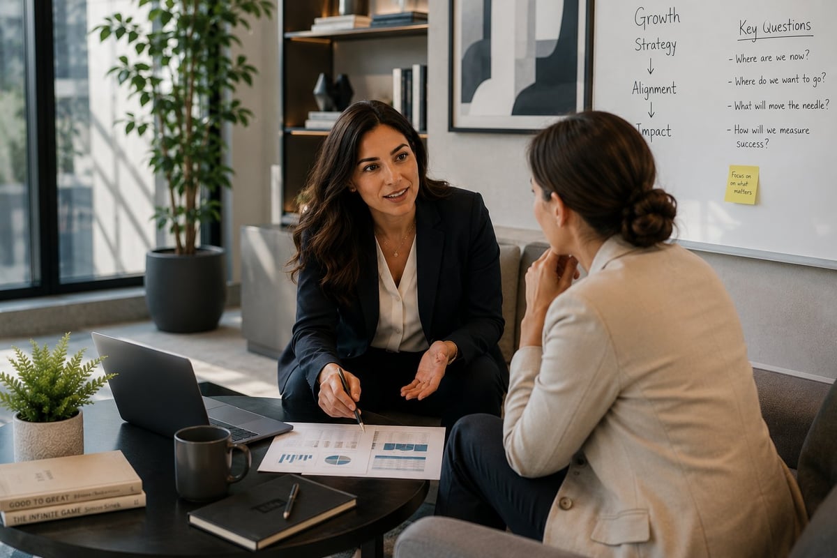Two women in business attire discussing work at a desk in a modern office with laptop, documents, and a whiteboard showing Growth Strategy, Alignment, Impact and Key Questions